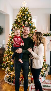 Young family with a toddler posing together in front of a decorated christmas tree at home family portrait holiday home christmas decor