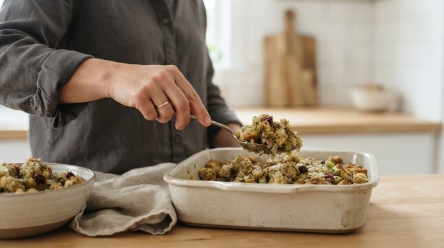 Woman serving homemade holiday stuffing or dressing from a baking dish into a bowl in a kitchen