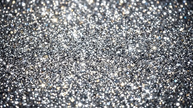 Abstract background of glowing silver glitter particles and bokeh lights with sparkling texture glittering surface silver sparkles