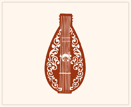 Teardrop mandolin in rustic stencil style with swirling baroque filigree. The old world lute, also called a gittern, features hand cut and visible strings its pear shaped body.