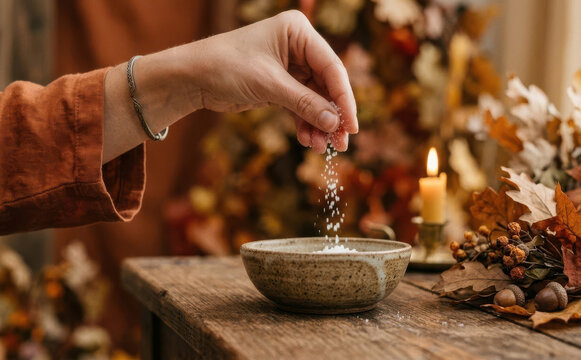Woman sprinkling salt into a ceramic bowl in an autumn setting with candles and leaves