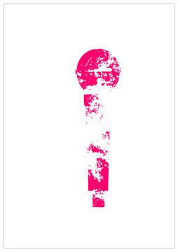 Distressed stage mic rendered in hot pink, its round grille and shaft eroded by grunge speckle. The karaoke stick and handheld mic shape works for music posters, event flyers and vocal branding.