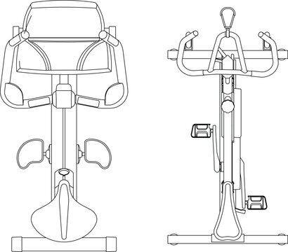Technical CAD set of an exercise bike showing front and side elevation views, featuring adjustable seat, handlebars, pedals, and frame structure for gym equipment planning.