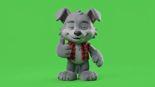 Cartoon wolf character in plaid shirt posing on green screen