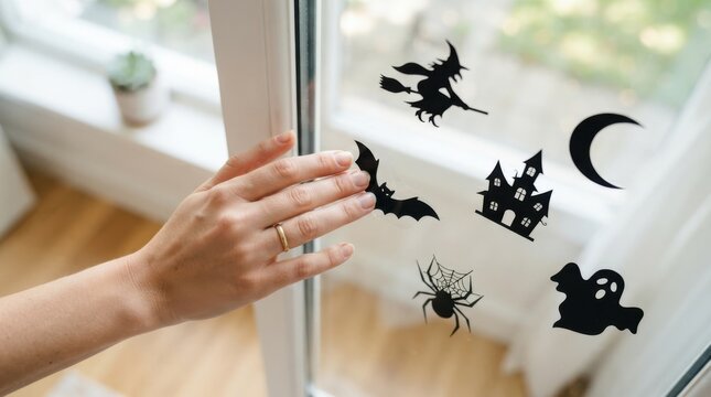 Woman decorating a window with Halloween window clings and spooky silhouette stickers for the autumn holiday season