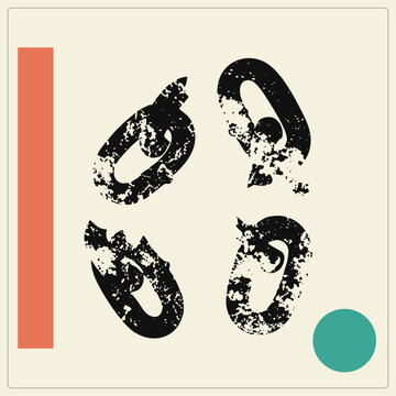 Four distressed chain connectors in weathered stamp style, each shackle showing grunge texture and chipped ink. Also called carabiners or coupling rings, these rugged silhouettes suit indust