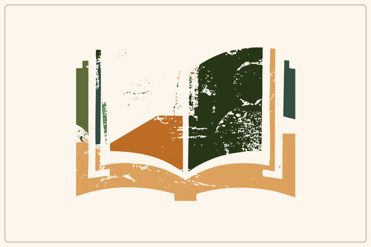 Weathered retro grunge storybook with distressed pages in forest green and burnt orange. Vintage hardcover tome with worn paper texture and nostalgic stencil finish.