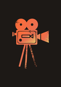 Distressed grunge glyph of a vintage movie camera, old cine cam with film reels on a. The retro box camera silhouette carries worn speckle texture for a nostalgic cinematic feel.