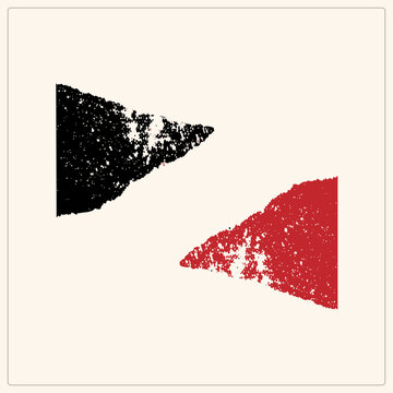 Two rough triangular pennant shapes, or swallowtail flags, in gritty stencil texture. One black, one red, reading like distressed rally flags with speckled halftone grain.