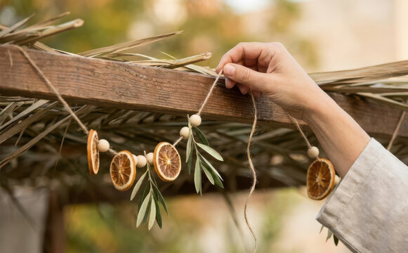 Woman hanging a handmade dried orange slice and olive branch garland in a sukkah for Sukkot holiday decoration