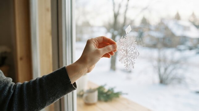 Woman holding handcrafted paper snowflake on window for winter decoration and festive home interior