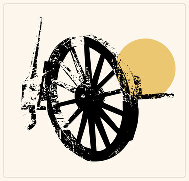 Grunge black silhouette of a rustic wagon wheel with distressed hub and weathered spokes, like a vintage cart relic. sun disk rises behind the rim, giving a wild west prairie poster feel.