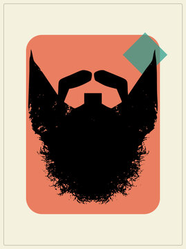 Grunge black silhouette of full whiskers and goatee, classic lumberjack face fur with handlebar mustache, on badge with teal diamond accent. Vintage flat design evoking rugged barber culture.