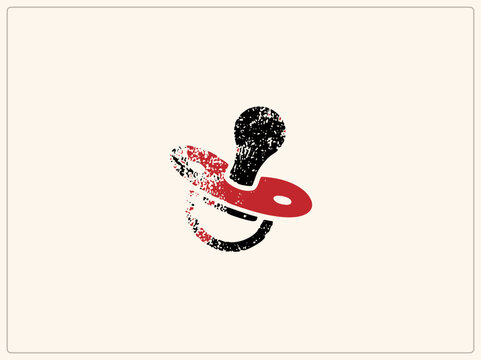 "Weathered binky glyph with speckled grunge texture, showing teat, shield and ring in distressed red and black. This pacifier cutout suits nursery and baby care designs needing raw character."