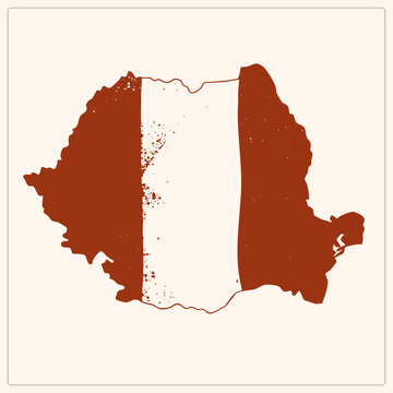 Distressed Romania map silhouette filled with national flag stripes. Grungy cutout with worn texture, ink splatter, and vintage stencil detailing.