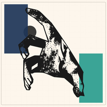 "Distressed pinching hand figa gesture in grunge stencil ink with navy and teal geometric blocks. This dito silhouette brings retro collage energy to modern graphic projects."