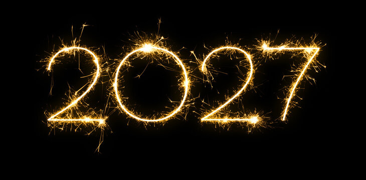 2027 New Year glowing sparkler digits shining brightly on dark background, for festive party countdowns, corporate event invitations and holiday cards