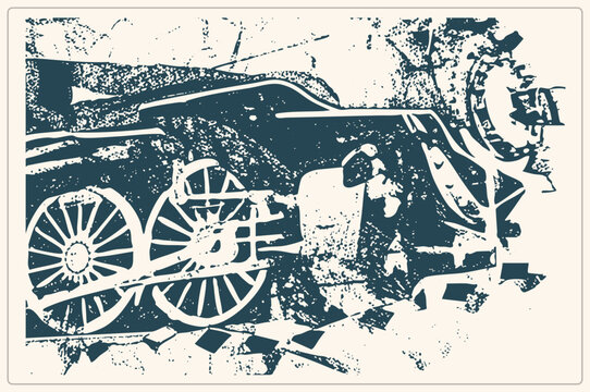 Weathered engine, iron horse of vintage rail, in distressed ink splatter style. The chugging loco shows spoked drivers, boiler and cab in gritty two tone stamp texture.
