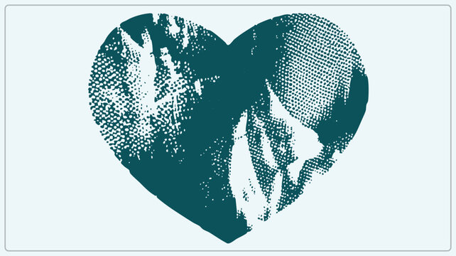 Weathered valentine heart, classic ticker and sweetheart emblem, in grunge halftone dots and scratched ink. Deep teal gives this love a worn, screen printed poster feel.