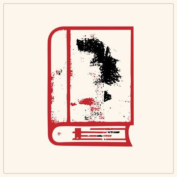 "A worn grunge stencil hardcover codex with a red cover and spine, splattered with ink stains. This distressed vintage tome blends bookish charm with rough texture for literature lovers."