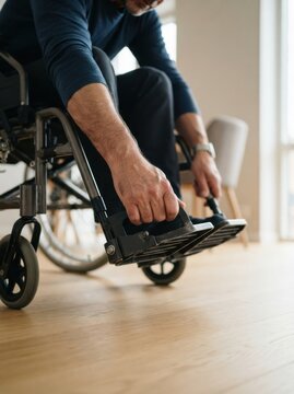 Middle-aged man adjusting footrests on his wheelchair at home indoor accessibility concept