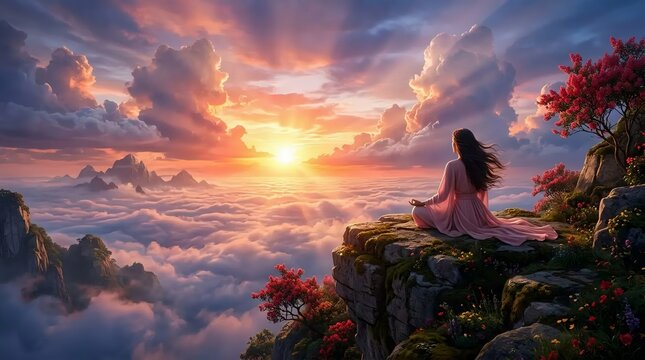 Wanita Tenang Bermeditasi di Puncak Gunung Saat Matahari Terbit, Awan Merah Muda dan Sinar Matahari Keemasan