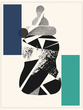 Collage style feeding bottle rendered in halftone dots, torn paper texture and bold geometric. A nursery classic, babys milk bottle or bibe, reimagined with modern flat blocks.