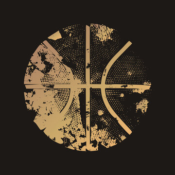 Weathered hoop ball as a gritty streetball with halftone dots and torn grunge texture. Distressed b ball silhouette in warm gold evokes vintage sports poster and urban playground vibes.