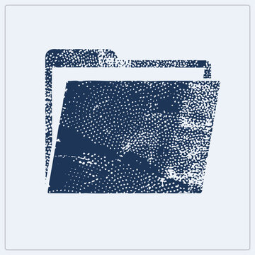 Weathered open file directory rendered in stippled navy blue, showing a paper document tucked inside. This grunge dossier uses halftone speckle texture for a worn, stamped archival look.