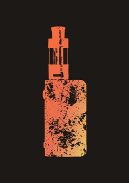 Distressed vape mod silhouette with atomizer tank, bold grunge stencil style, glowing orange gradient, gritty speckled texture for an edgy urban streetwear look.