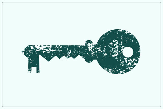 Weathered skeleton key in grunge stencil style, bit and bow eaten away by textured wear. Old timers call this passkey a gate or box key a nostalgic emblem of secrets, access and security.