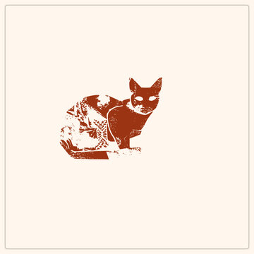 Weathered mouser crouches in rust tones, rendered as a distressed stencil print with worn grunge texture. The kitty shows eroded edges and speckled patches, giving vintage woodcut character.