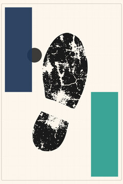 Grungy black bootprint stamped in distressed texture over flat geometric rectangles and a circle. The sole mark blends vintage printmaking style with modern bauhaus blocking.