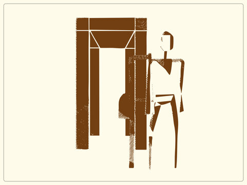 "A gatecrasher at the threshold, this woodcut linocut figure grips a doorframe with hatched shadows. The everyman silhouette suggests suspense, hesitation and noir mystery in flat brown tones."