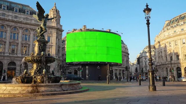 Piccadilly circus green screen billboard mockup with iconic london red bus and eros statue chroma key