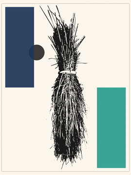 "A grunge stamped flax sheaf tied mid stalk sits beside navy, teal rectangles and a dark circle. This rustic harvest motif blends vintage linocut texture with flat Bauhaus shapes for modern folk style