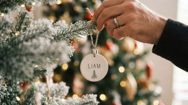 Man hanging personalized ceramic Christmas tree ornament with name Liam on snowy branch