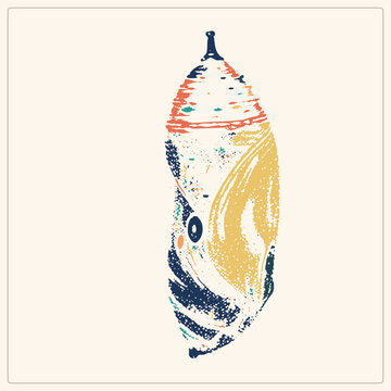 Monarch butterfly chrysalis rendered in grunge stencil style, hanging pupa with speckled brush strokes. The cocoon shows gold and navy, a natural metamorphism symbol of transformation.