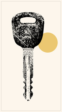 "A weathered latch key (dingbat) in distressed stipple stencil style with black speckled grain. Bit key silhouette on flat ochre circle, evoking security and vintage access."