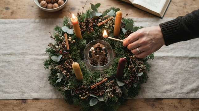 Person lighting a candle on an Advent wreath with a nativity scene on a rustic wooden table