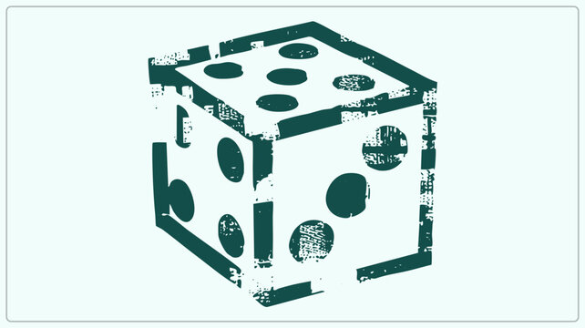 "A worn dice showing five, three and two faces as a rough ink stamp. This grungy d6 cube brings lucky chance and casino gamble vibes to retro tabletop designs."