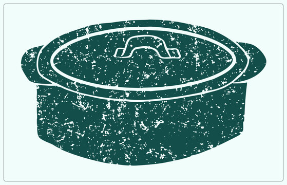 Rustic Dutch oven in distressed stencil style, with speckled forest green lid handle and side grips. This casserole pot suits farmhouse kitchen branding.