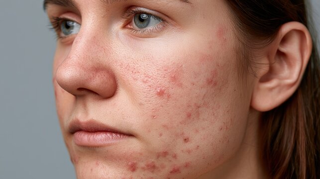 acne on woman face with rash skin, scar, and red skin syndrome allergic to cosmetics, use steroids, dermatology, inflammation, infection, hygiene