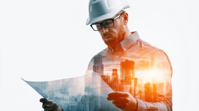 Double exposure photography of an engineer man look blue print, professional, building, urban, creative, communication, executive