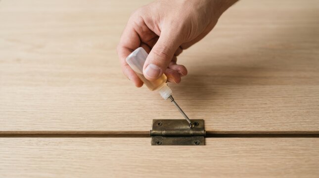 Person applying lubricant oil to a squeaky wooden door hinge for home maintenance and repair work