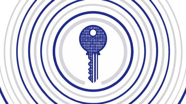 Minimalist digital key with binary code pattern surrounded by concentric blue circles, concept for cybersecurity and data encryption, ideal for network protection branding.