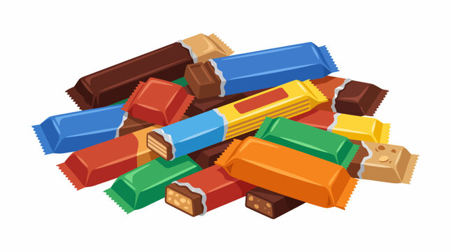 Assortment of colorful candy bars and chocolate bars in wrappers