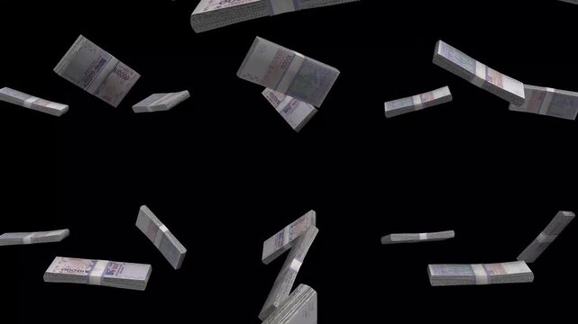 Senegal Money, West African CFA Franc Banknotes Falling On Black Background, XOF Currency Stacks Dark Cinematic, 4K