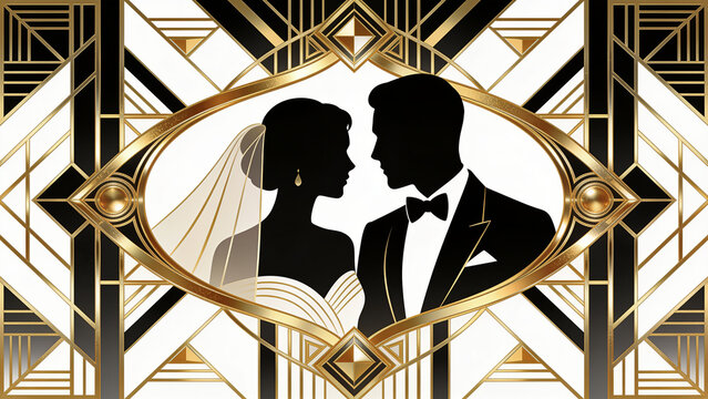 Art deco vector illustration of a bride and groom silhouette, gold Art Deco frame
