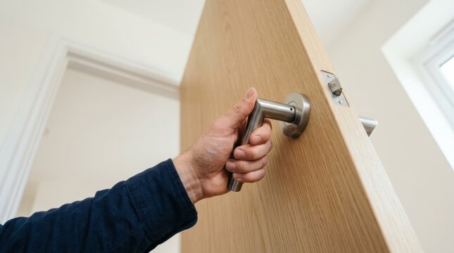 Person opening a wooden interior door by holding a modern metal handle in a residential home